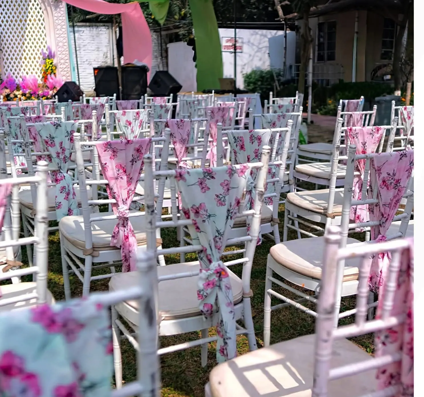Wedding guest seating with floral chair dressing